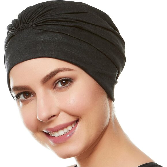 Beemo Swim Caps for Women Swimming Turban Polyester Latex Lined Pleated - Black - Picture 1 of 10